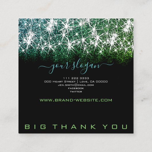 ビジネスオープンティール（緑がかった色）グリーングリッターマニキュア爪、 ネイル スクエア名刺 (裏面)