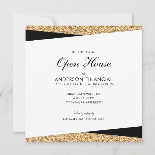 ビジネスオープンハウスブラック&金ゴールドグリッター 招待状 (正面)