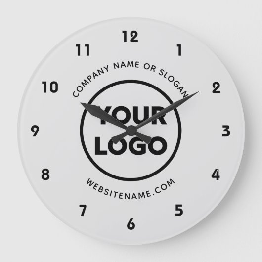 ビジネスカスタムロゴと文字グレーの背景 ラージ壁時計 (正面)