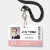 ビジネスカスタムロゴバーコード社員フォトピンク バッジ (正面（ネックストラップ付）)