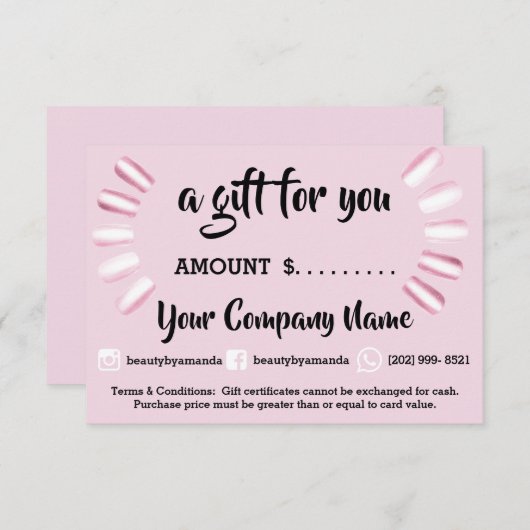 ビジネスギフト証明書シンプルな社会爪、 ネイルピンク (正面/裏面)