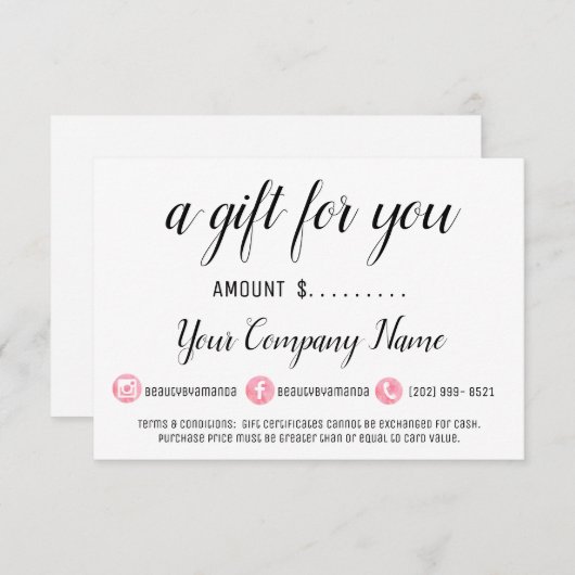 ビジネスギフト証明書ピンクのモダンソーシャルメディア (正面/裏面)