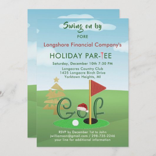 ビジネスクリスマスゴルフテーマパーティーパー・ティー 招待状 (正面/裏面)