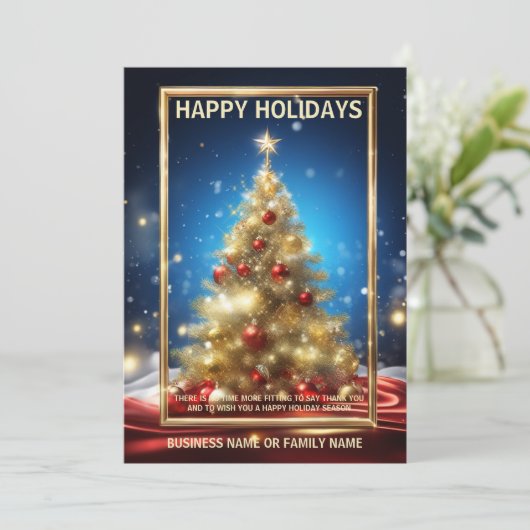 ビジネスクリスマスツリー金ゴールド赤い青の写真qr シーズンカード (スタンド正面)