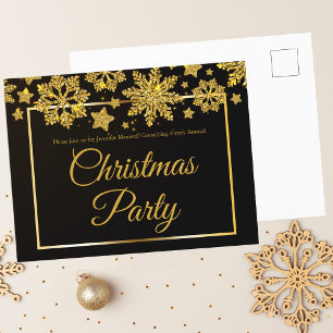 ビジネスクリスマスパーティーブラック金ゴールドスノーフレーク インビテーションポストカード