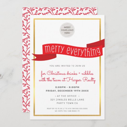 ビジネスクリスマスパーティーモダンフェスティバル赤リボン シーズンカード (正面/裏面)