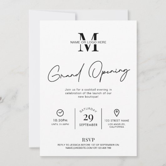 ビジネスグランドオープニングミニマリストブラック&ホワイト 招待状 (正面)