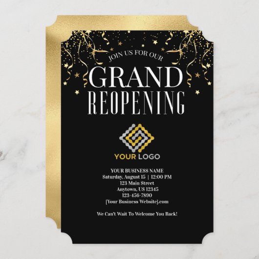ビジネスグランドリオープニングロゴフェイク金ゴールド紙吹雪 招待状 (正面/裏面)