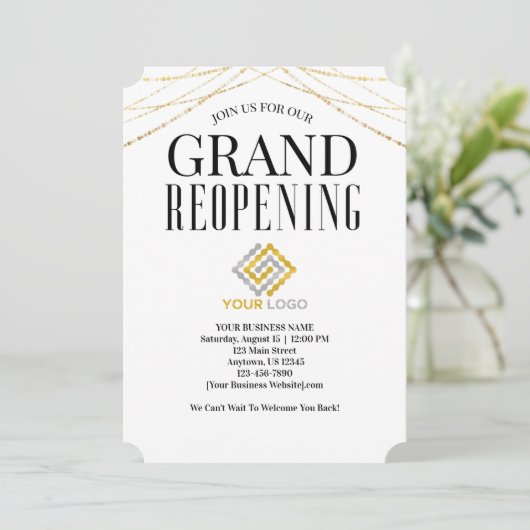 ビジネスグランドリオープニングロゴフェイク金ゴールド 招待状 (スタンド正面)
