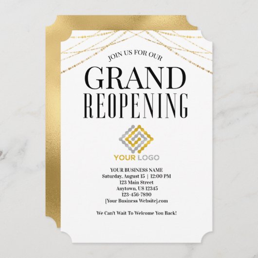 ビジネスグランドリオープニングロゴフェイク金ゴールド 招待状 (正面/裏面)