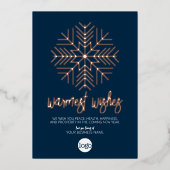 ビジネスグリーティングネイビー – 暖かいスノーフレークバラ金ゴールド 箔シーズンカード (正面)