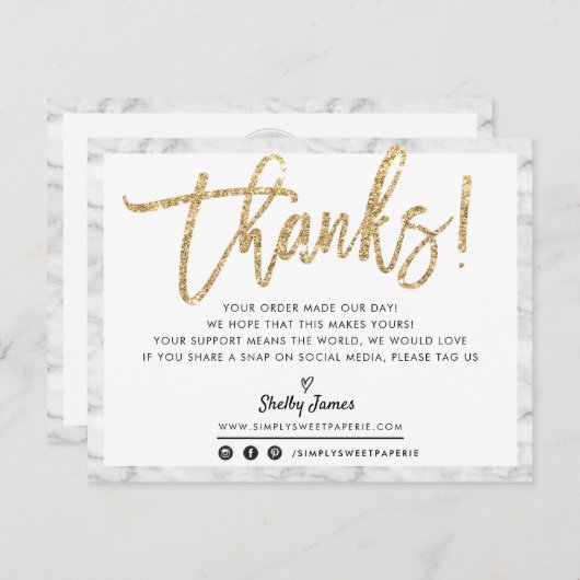 ビジネスサンキューシックな大理石金ゴールドグリッタースクリプト サンキューカード (正面/裏面)
