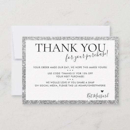 ビジネスサンキューシモダンック銀フェイクグリッター サンキューカード (正面)