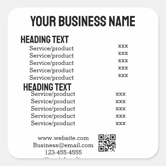 ビジネスサービス製品の価格表メニューカード スクエアシール (正面)