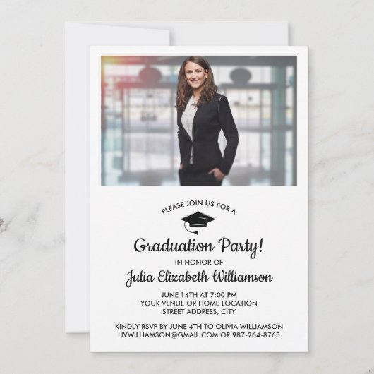 ビジネススクール卒業パーティーの帽子投げの写真 招待状 (裏面)