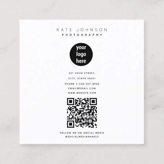 ビジネススタイリッシュロゴ写真家の写真 スクエア名刺 (裏面)