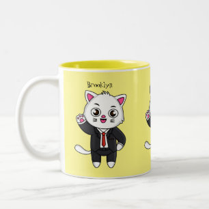 ビジネススーツを着たかわいい子猫の漫画 ツートーンマグカップ