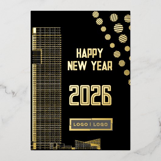 ビジネスハッピーニューイヤー2026都市型ロングロゴ 箔シーズンカード (正面)