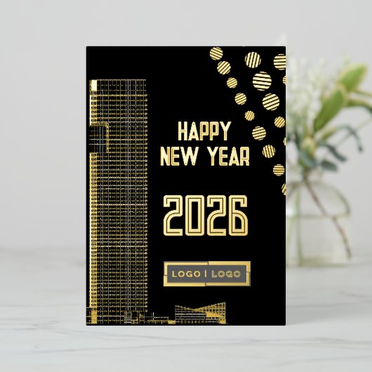 ビジネスハッピーニューイヤー2026都市型ロングロゴ 箔シーズンカード (立ち正面)