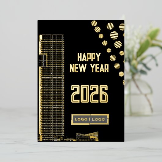 ビジネスハッピーニューイヤー2026都市型ロングロゴ 箔シーズンカード (立ち正面)
