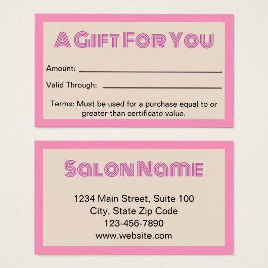 ビジネスピンクベージュ美しいサロンギフト証明書 (正面&裏面)