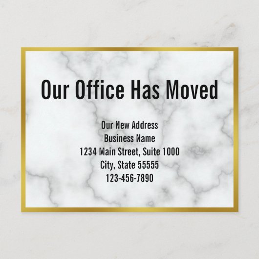 ビジネスフェイクホワイト大理石私たちのオフィスが移動 案内ポストカード (正面)