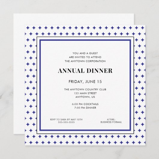 ビジネスプロフェッショナルディナーブルーダイヤモンドパターン 招待状 (正面/裏面)
