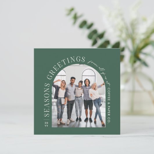 ビジネスモダンアーチフォトクリスマスグリーン シーズンカード (スタンド正面)