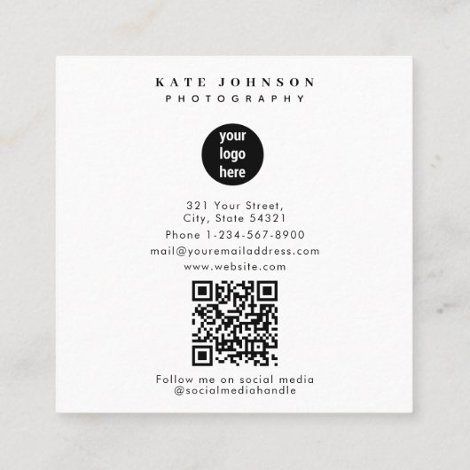 ビジネスモダンロゴフォトグラファー写真QRコード スクエア名刺 (裏面)