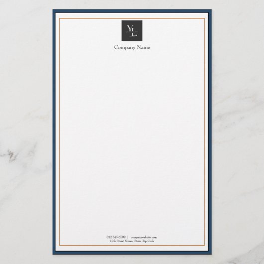 ビジネスモダンロゴ付き青い白い金ゴールド 便箋 (正面)