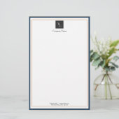 ビジネスモダンロゴ付き青い白い金ゴールド 便箋 (スタンド正面)