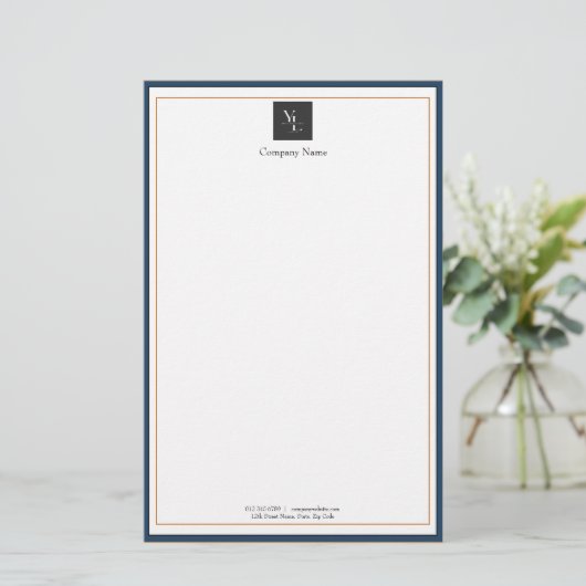 ビジネスモダンロゴ付き青い白い金ゴールド 便箋 (スタンド正面)