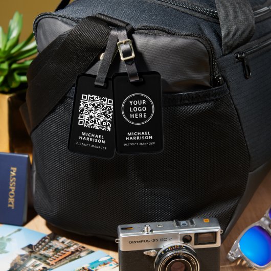 ビジネスモダンロゴQRコードブラック ラゲッジタグ (正面&裏面)