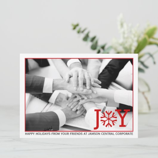 ビジネスモダン赤いミニマル喜びクリスマスフォト シーズンカード (スタンド正面)