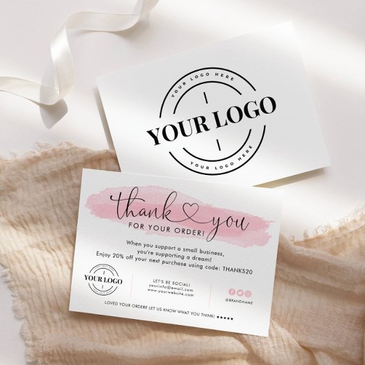 ビジネスロゴありがとう赤面ピンクスクリプトハート サンキューカード