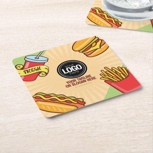 ビジネスロゴのパーソナライズ |ハンバーガーホットドッグテーマ スクエアペーパーコースター (アングル)