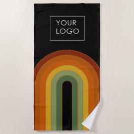 ビジネスロゴの追加レトロ70年代レインボーブラック ビーチタオル