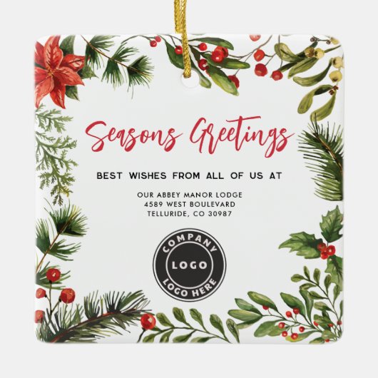 ビジネスロゴクリスマスホリデーズボタニカル セラミックオーナメント (正面)
