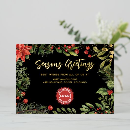 ビジネスロゴクリスマスホリデー企業の金ゴールド 箔シーズンカード (立ち正面)