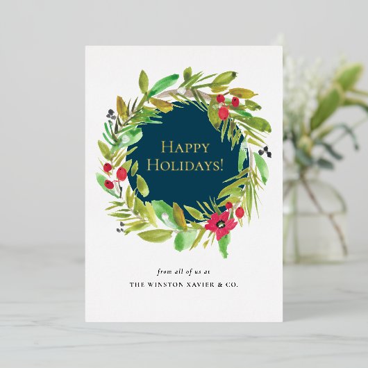 ビジネスロゴクリスマスモダンの水彩リース 箔シーズンカード (立ち正面)