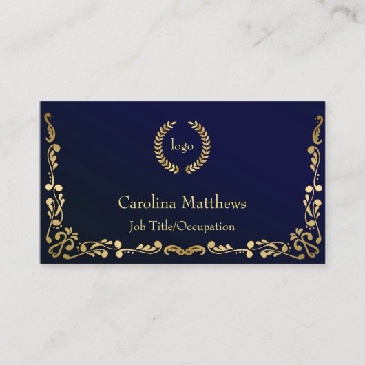 ビジネスロゴゴールドフォイルピーコックコーナーブルー 名刺 (正面)