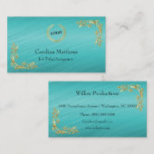 ビジネスロゴゴールドフォイルフローラコーナーティール（緑がかった色） 名刺 (正面/裏面)