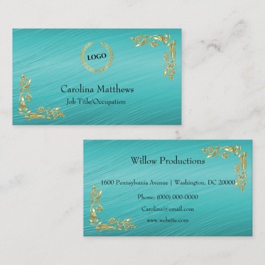 ビジネスロゴゴールドフォイルフローラコーナーティール（緑がかった色） 名刺 (正面/裏面)