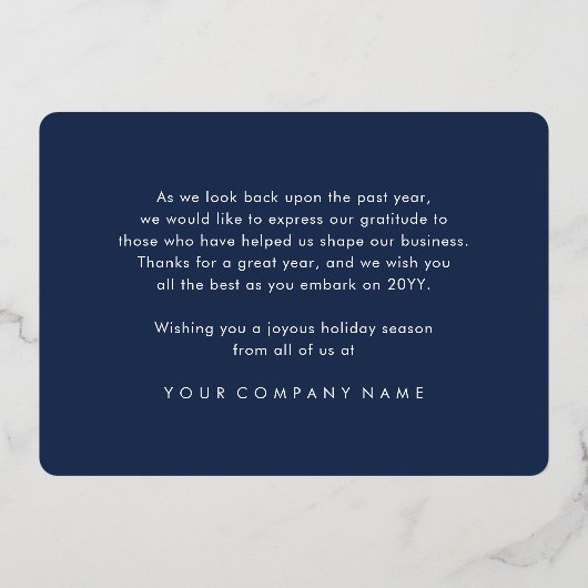 ビジネスロゴスノーフレークオーナメントネイビーブルー実在& 箔シーズンカード (裏面)