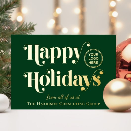 ビジネスロゴハッピーホリデーズグリーンクリスマス金ゴールド 箔シーズンカード