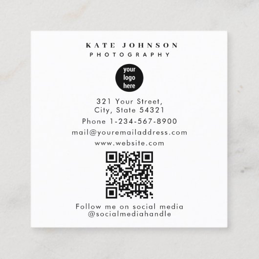 ビジネスロゴフォトグラファー写真白黒 スクエア名刺 (裏面)