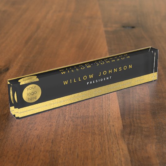 ビジネスロゴブラック金ゴールドクラスエグゼクティブギフト デスクネームプレート (側面)