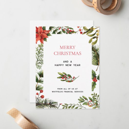 ビジネスロゴメリークリスマスボタニカルグリーティング ノートカード (正面/裏面インサイチュ)