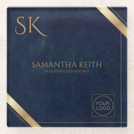 ビジネスロゴラグジュアリーネイビーレザー2025 カスタム ガラスコースター (正面)