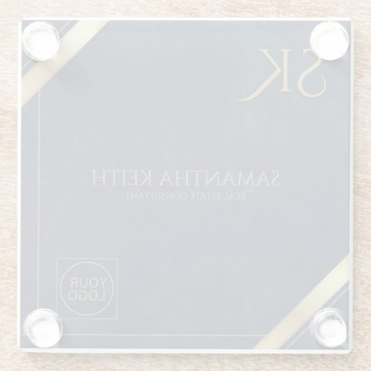 ビジネスロゴラグジュアリーネイビーレザー2025 カスタム ガラスコースター (裏面)